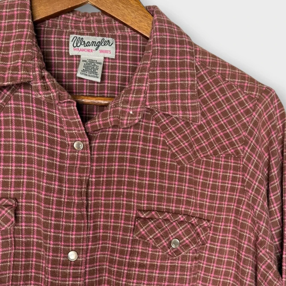 Wrangler Wrancher Pearl Snap Flannel Long Sleeve Shirt Brown Pink Plaid Soft XXL - Picture 5 of 6
